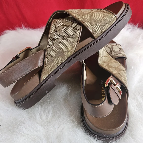 NWOT Coach Fraser Chambray Signature Jacquard Sandal Tan Size 10 - Picture 2 of 6